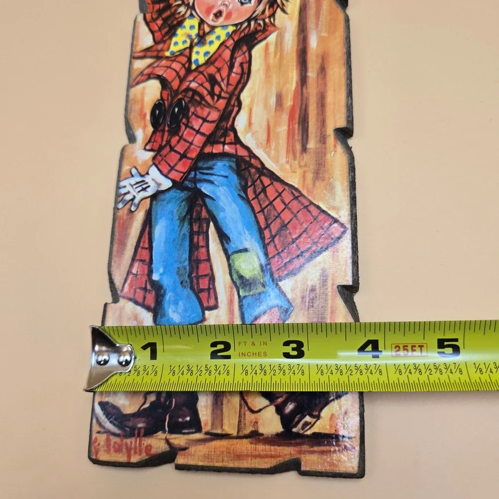 Vintage Idylle Italy Wood Wall Plaque Mid Century Boy Plaid Coat Art